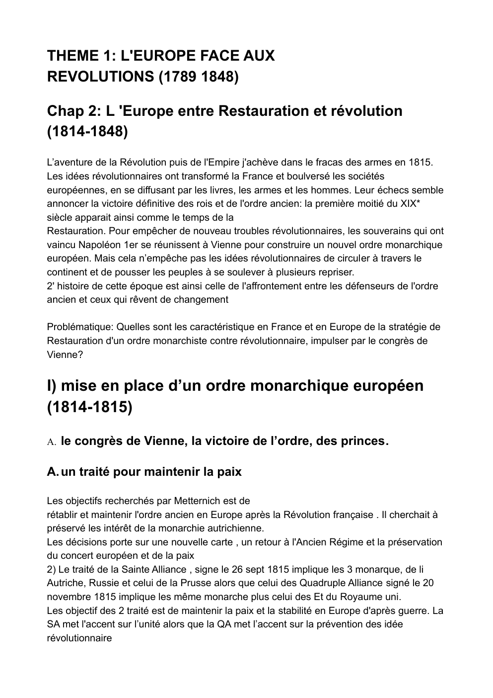 Prévisualisation du document Cours d’histoire THEME 1: L'EUROPE FACE AUX REVOLUTIONS (1789 1848) Chap 2: L 'Europe entre Restauration et révolution (1814-1848)