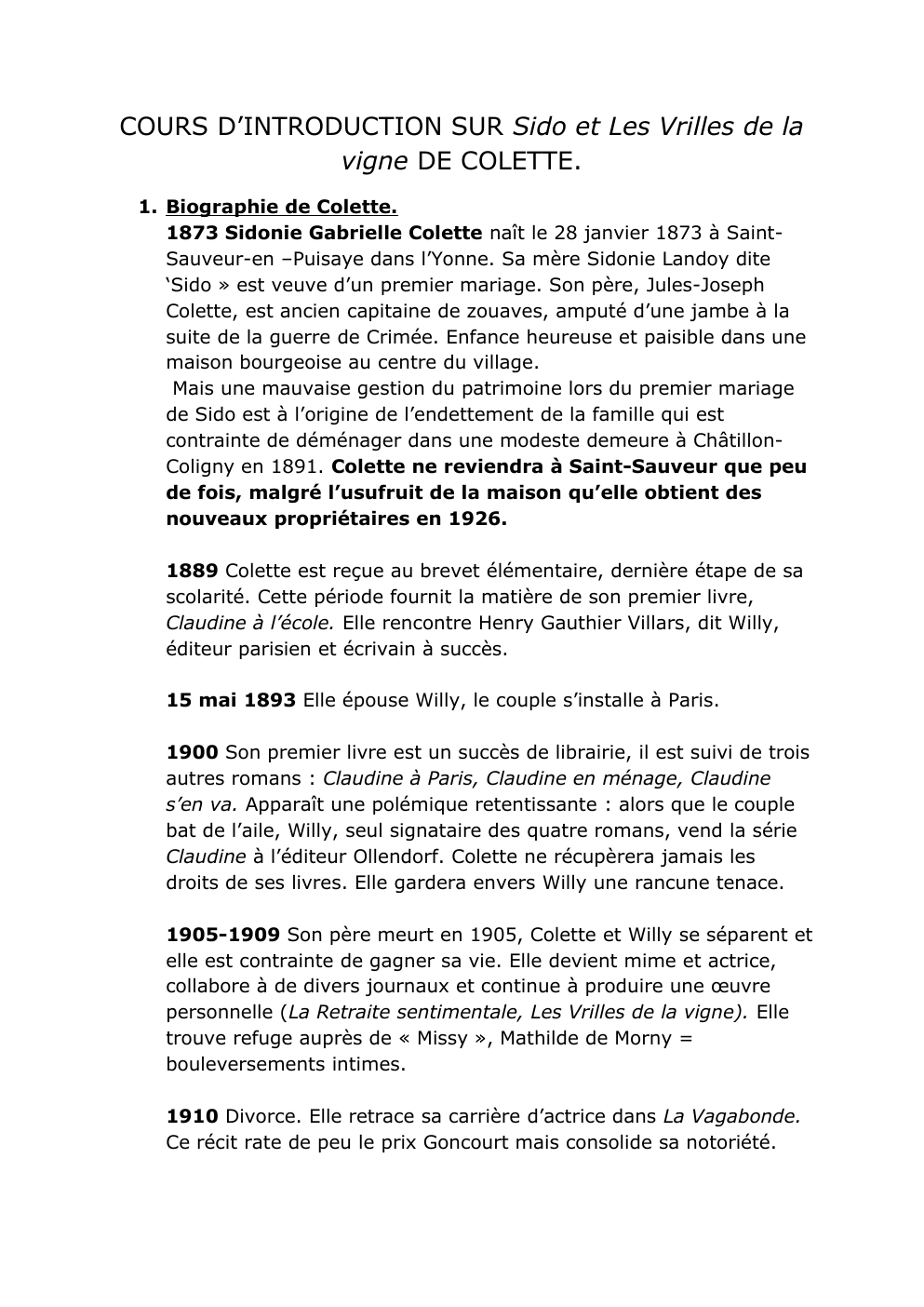 Prévisualisation du document COURS D’INTRODUCTION SUR Sido et Les Vrilles de la vigne DE COLETTE.