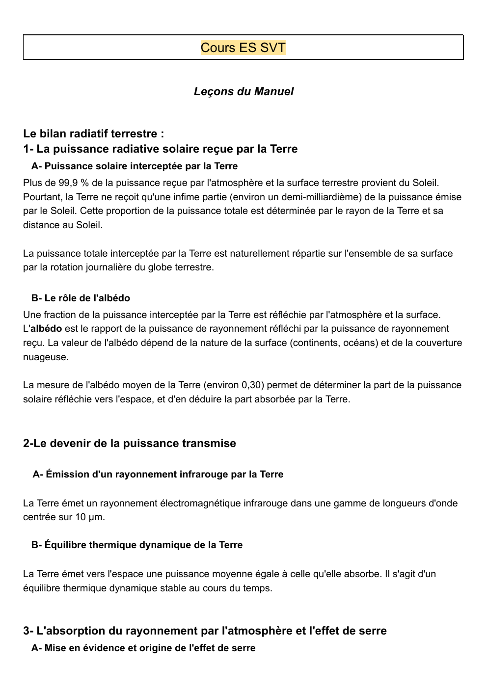 Prévisualisation du document Cours enseignement scientifique - Cours ES SVT Leçons du Manuel