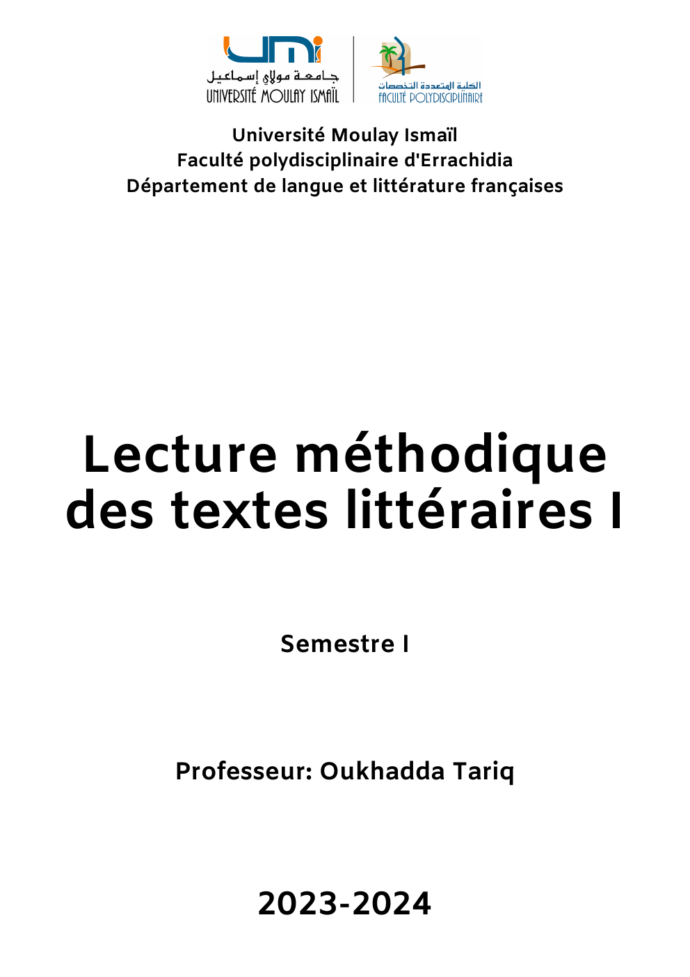 Prévisualisation du document Cours études françaises Lecture méthodique des textes littéraires I Semestre I