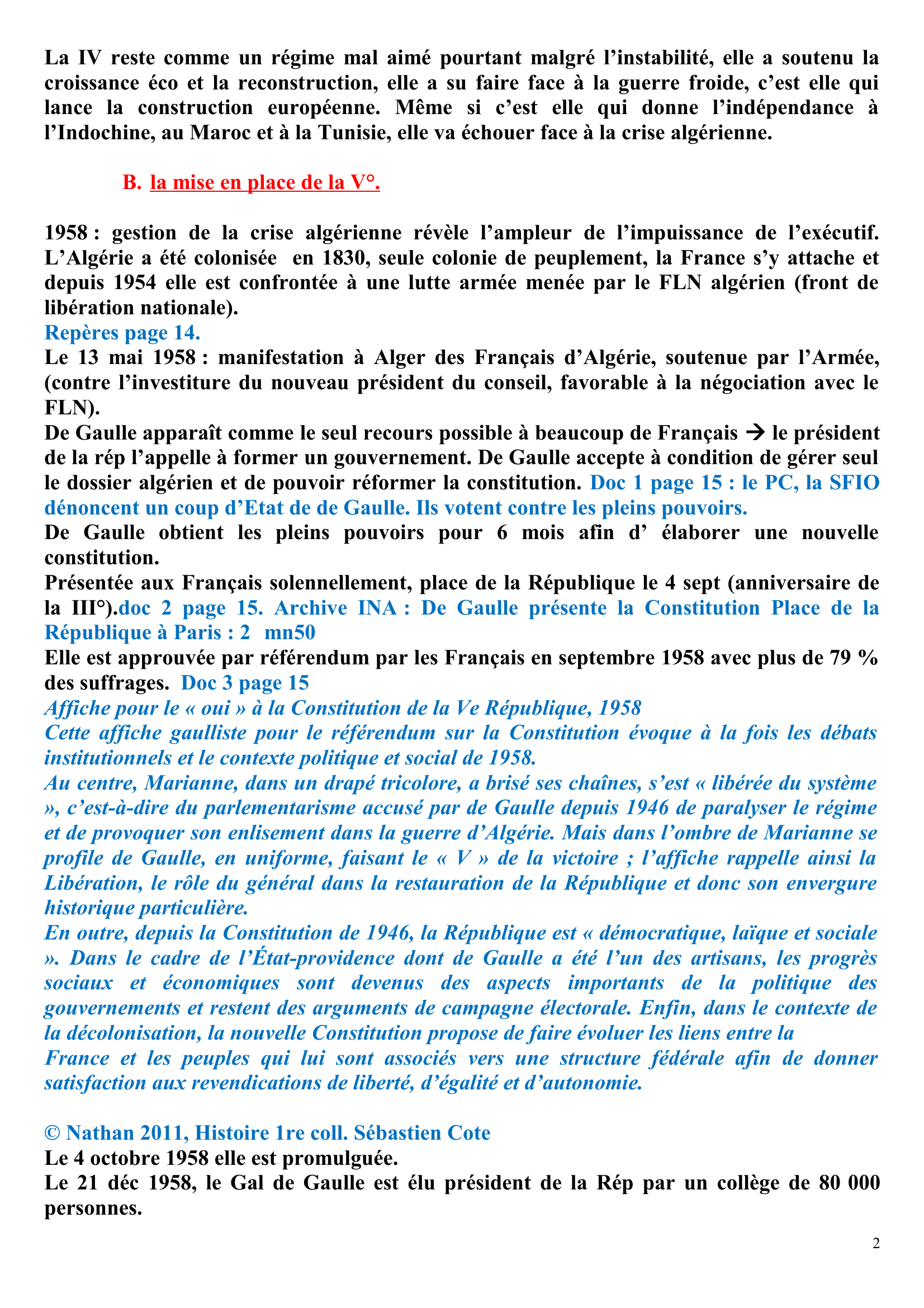 Prévisualisation du document Cours Histoire Vè République