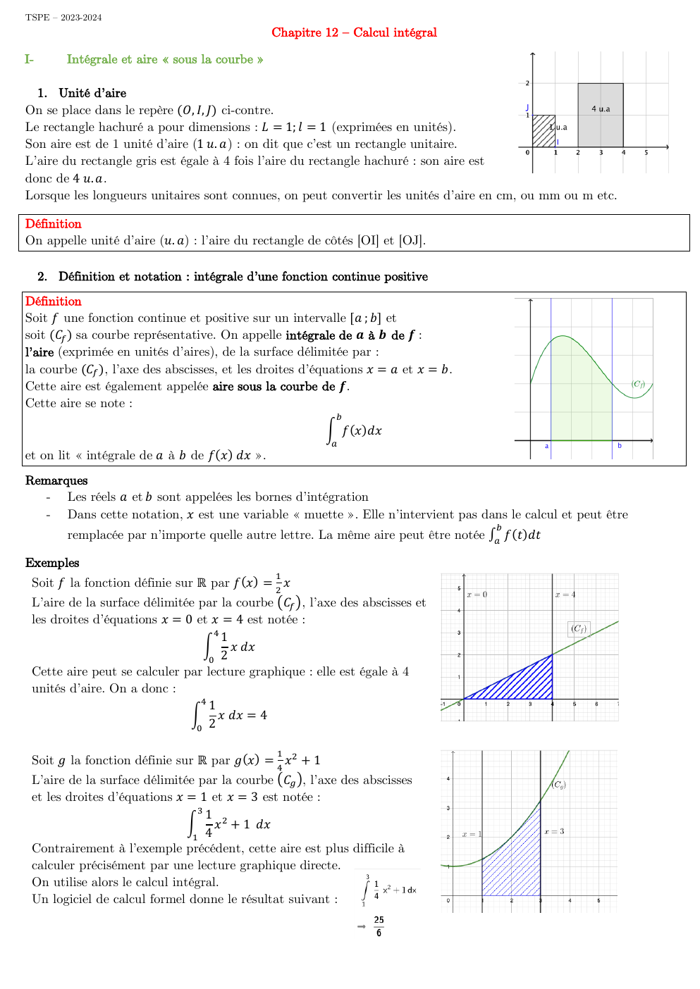 Prévisualisation du document cours intégral maths TSPE – 2023-2024  I-  Chapitre 12 – Calcul intégral