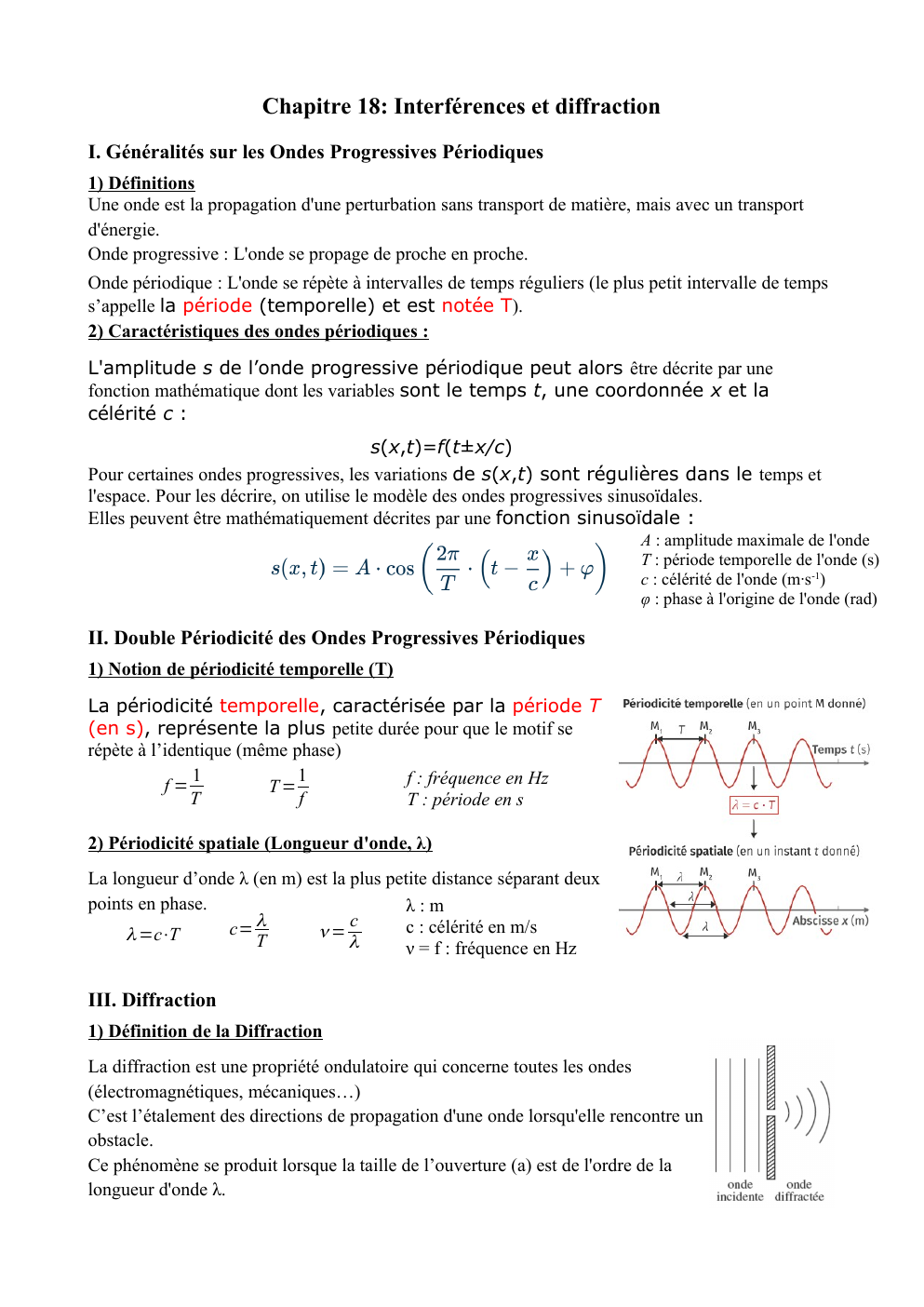 Prévisualisation du document Cours Interférences et diffraction physique terminale
