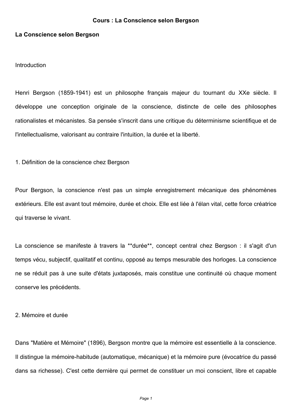 Prévisualisation du document Cours : La Conscience selon Bergson