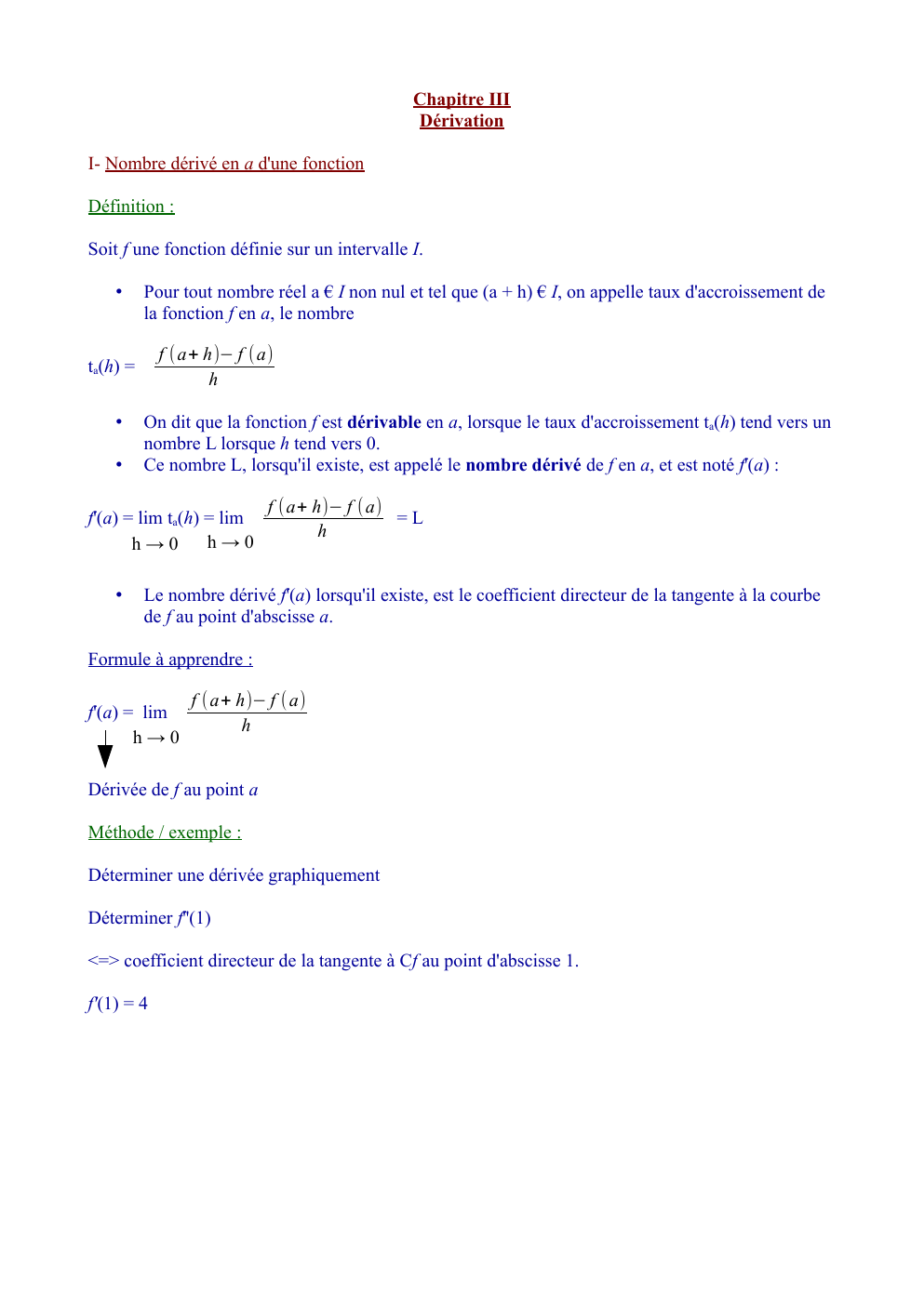 Prévisualisation du document Cours maths dérivation