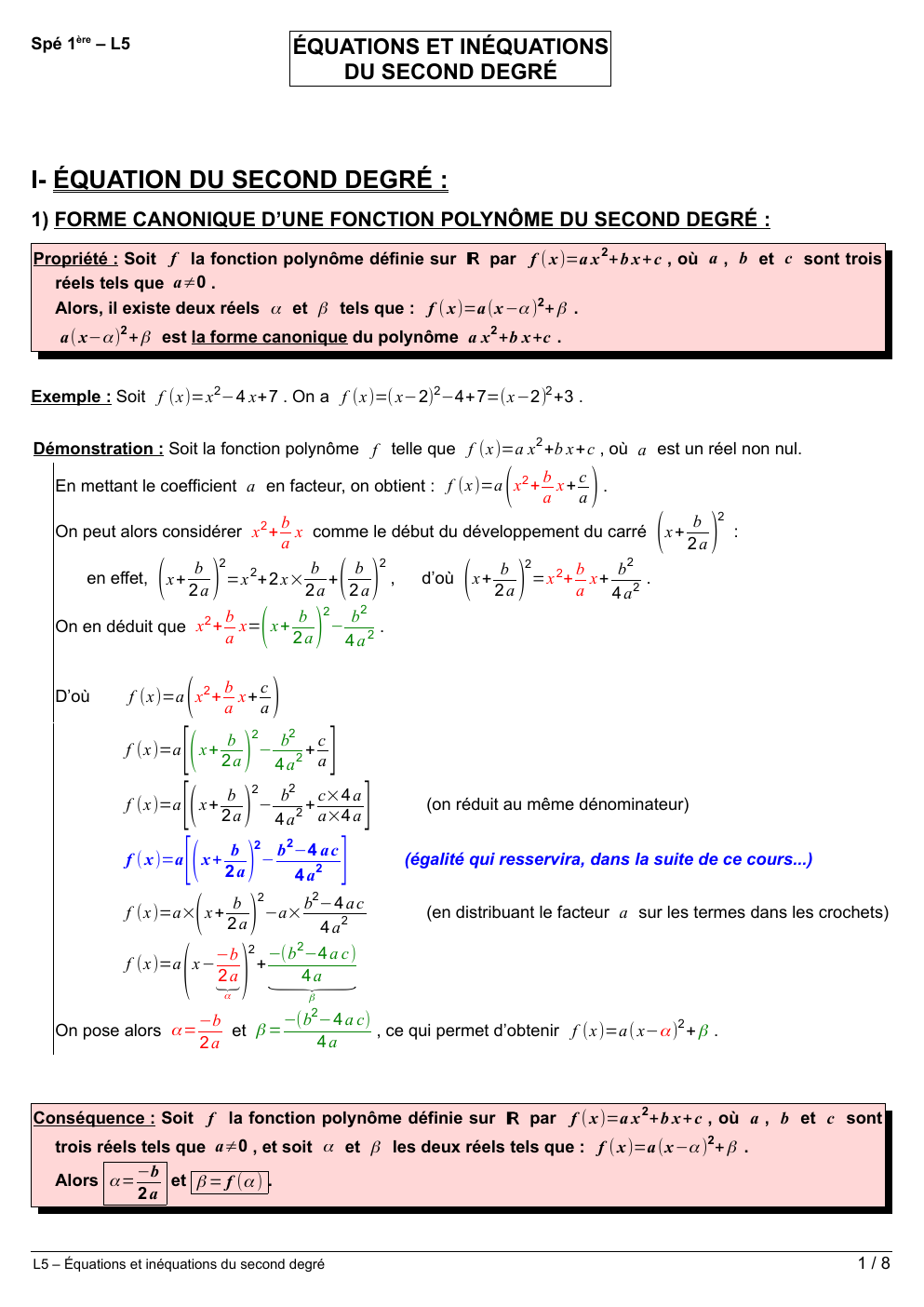 Prévisualisation du document Cours maths équations et inéquations du second degré 1ère