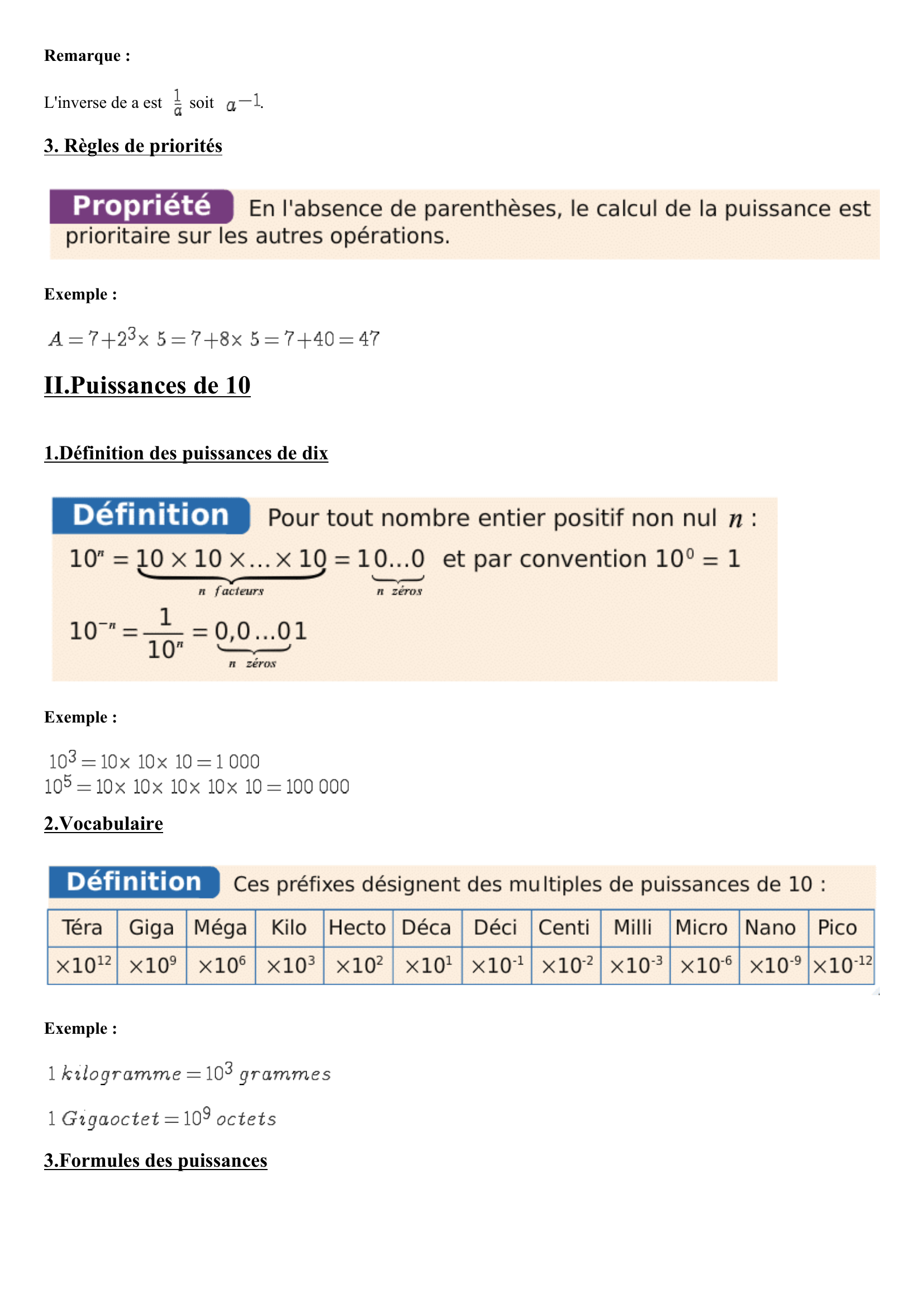 Prévisualisation du document Cours maths quatrième (4ème) - Puissances : cours de maths en quatrième