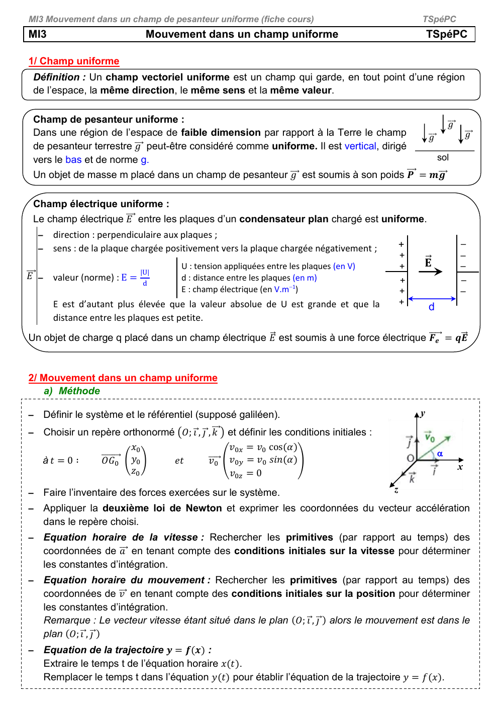 Prévisualisation du document Cours mecanique terminale mvt dans un champs uniforme