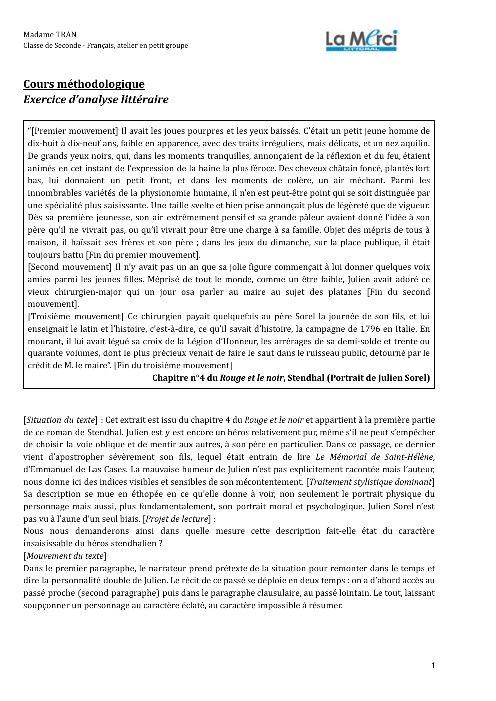 Prévisualisation du document Cours méthodologique Exercice d’analyse littéraire Chapitre n°4 du Rouge et le noir, Stendhal (Portrait de Julien Sorel)