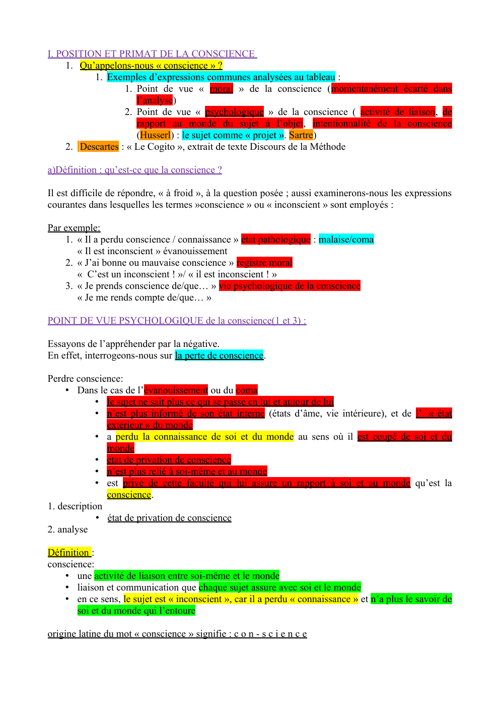 Prévisualisation du document cours philo: la conscience