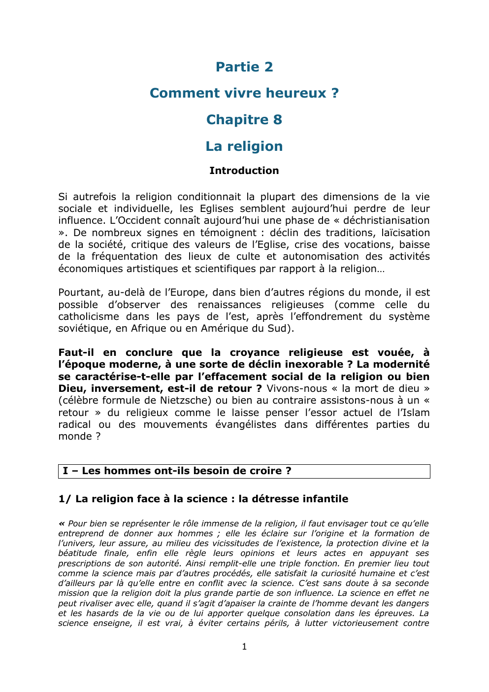 Prévisualisation du document Cours Philosophie terminale: la religion