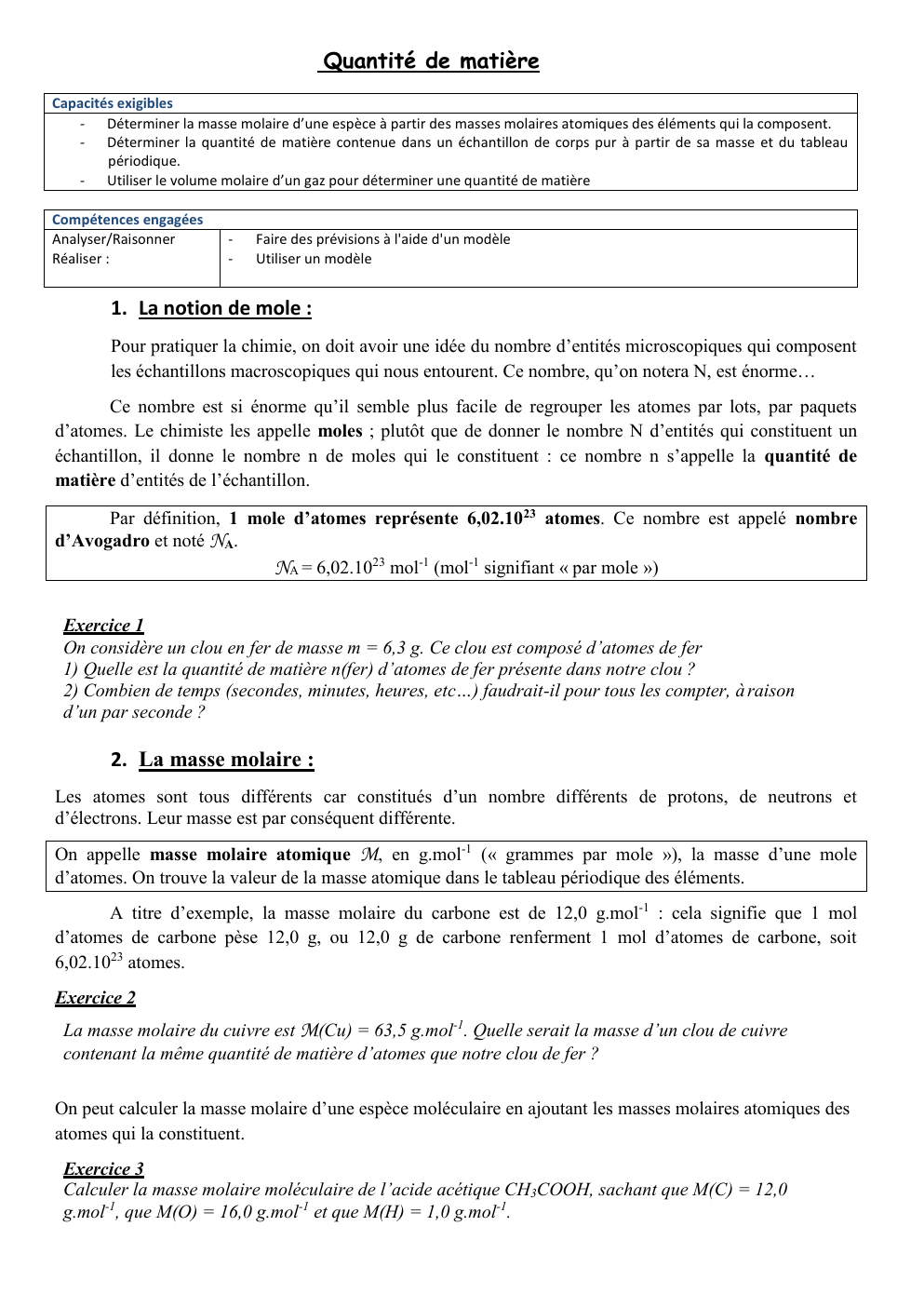 Prévisualisation du document Cours physique Quantité de matière Capacités exigibles