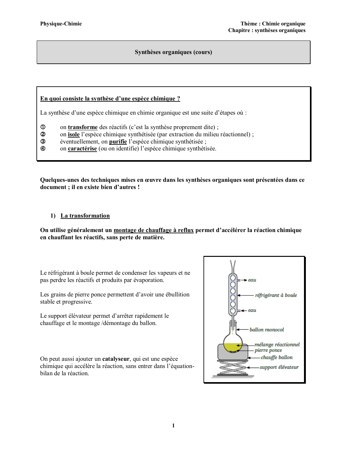 Prévisualisation du document Cours physique spé 1ere: En quoi consiste la synthèse d’une espèce chimique ?