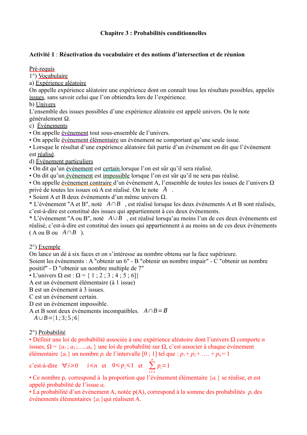 Prévisualisation du document Cours probabilités conditionnelles