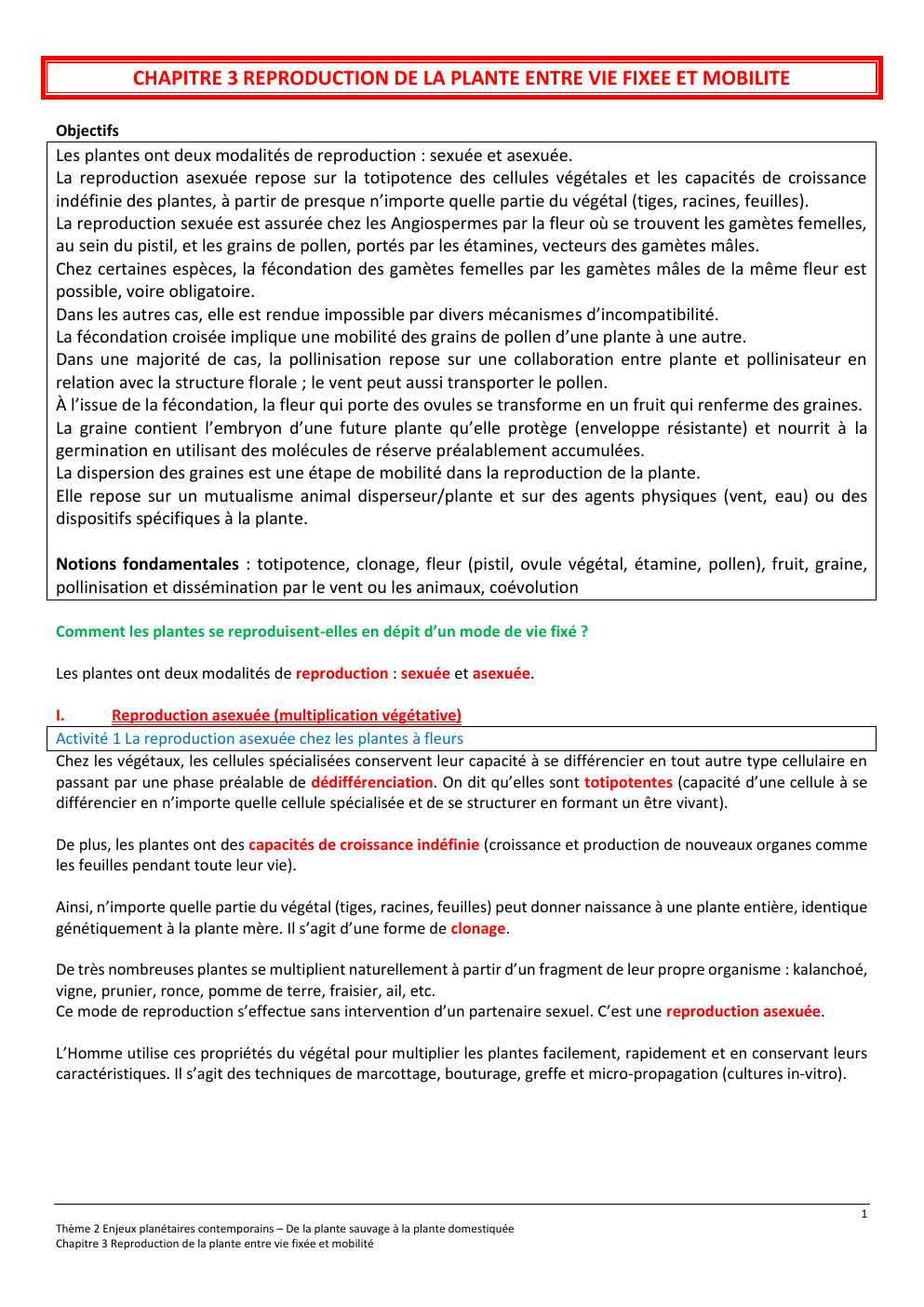 Prévisualisation du document Cours : Reproduction de la plante