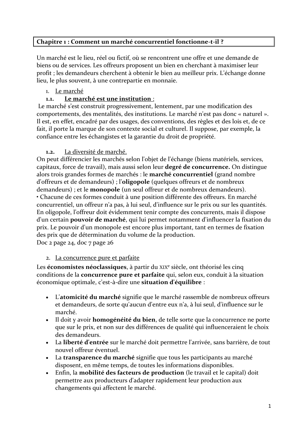 Prévisualisation du document Cours SES 1 ère Chapitre 1 : Comment un marché concurrentiel fonctionne-t-il ?