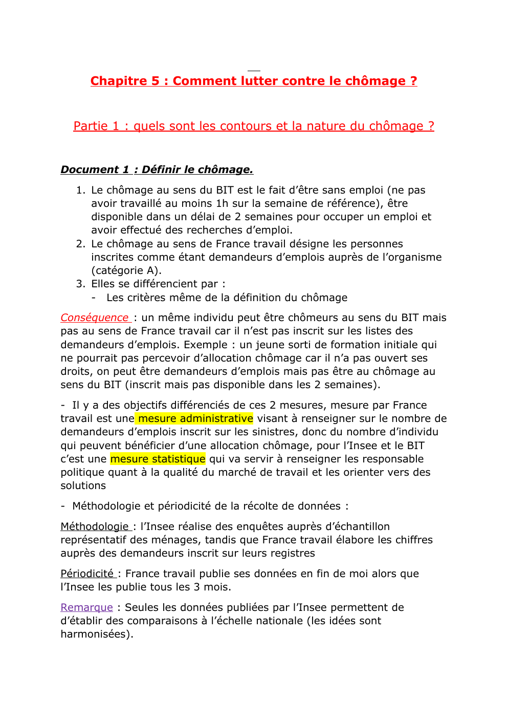 Prévisualisation du document cours ses: Chapitre 5 : Comment lutter contre le chômage ? Partie 1 : quels sont les contours et la nature du chômage ?