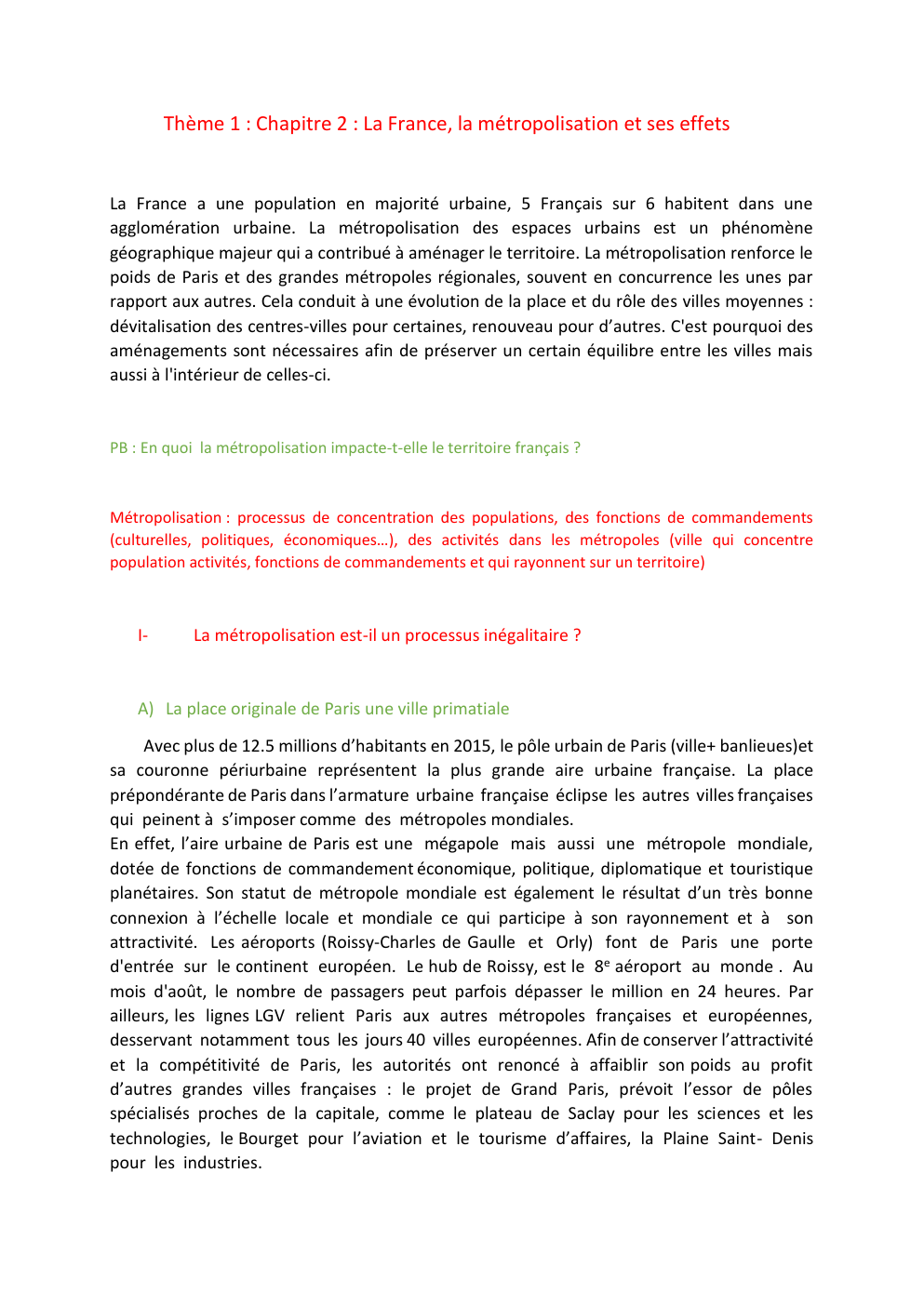 Prévisualisation du document Cours sur la metropolisation en première