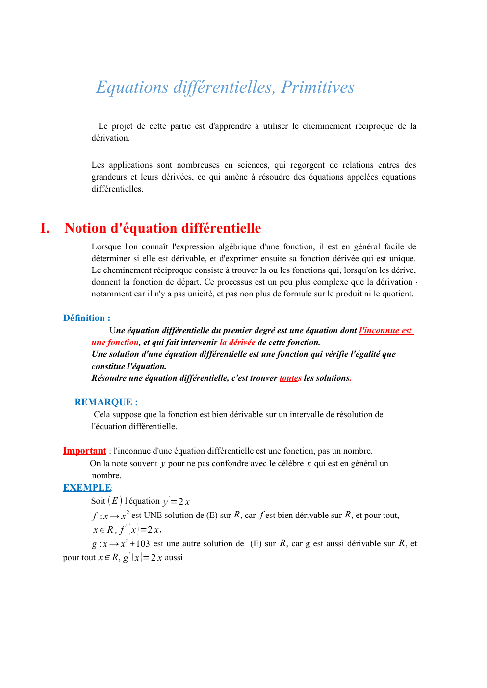 Prévisualisation du document Cours sur les primitives et les équations différentielles Tle