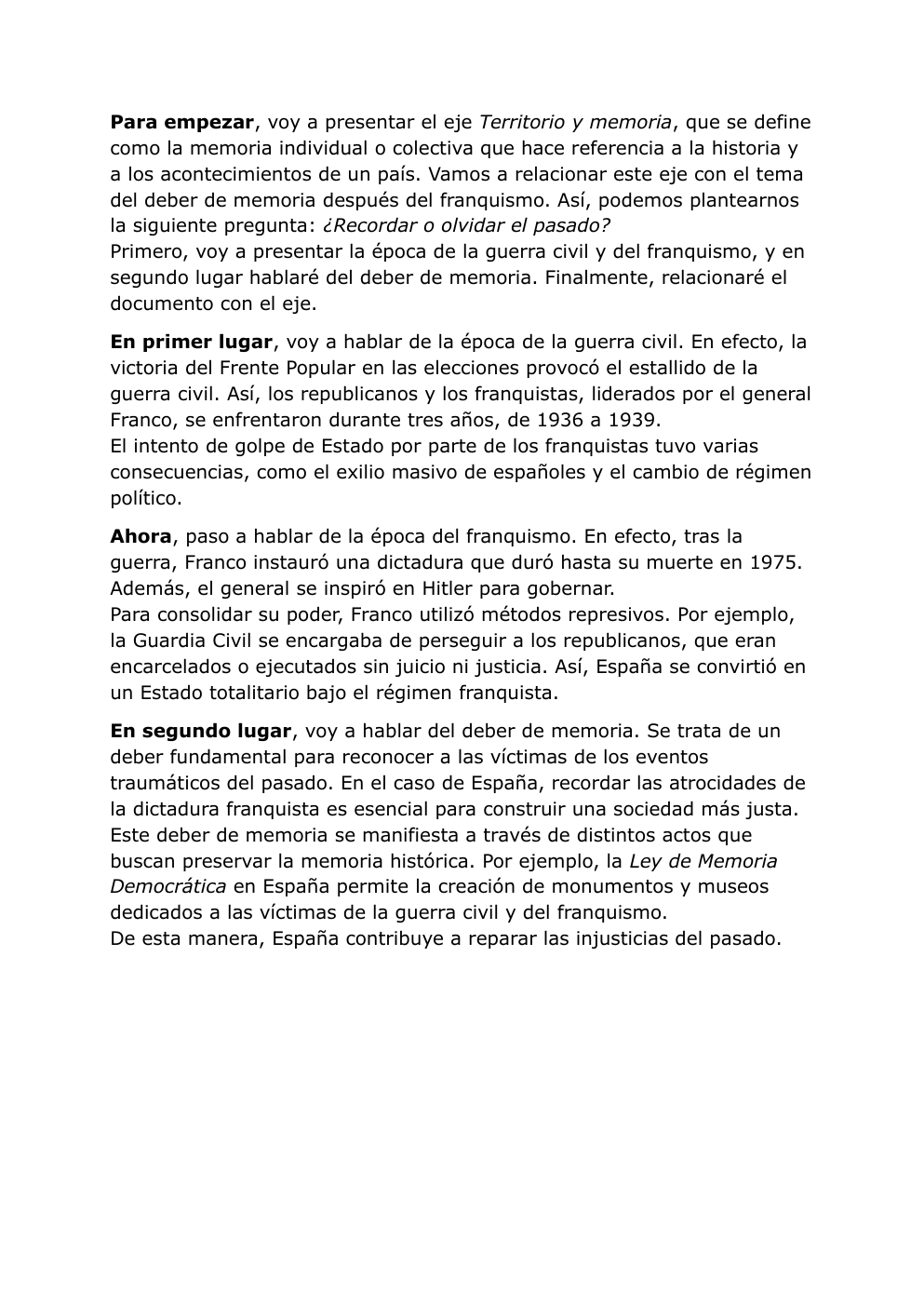 Prévisualisation du document Cours territoire et mémoire espagnole servant à l'oral de fin d'année