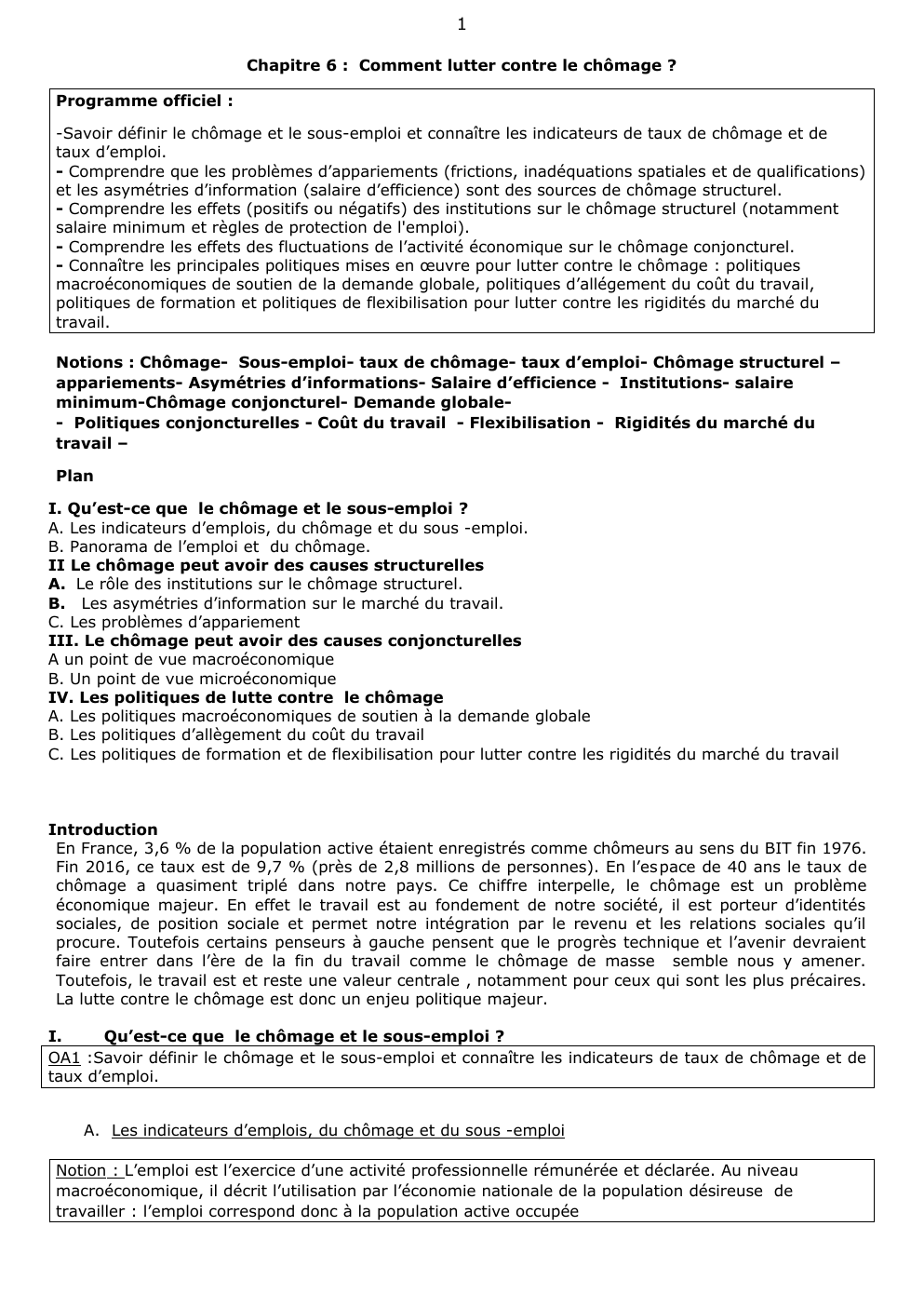 Prévisualisation du document Cours très structuré sur le chapitre de terminale sur le chômage