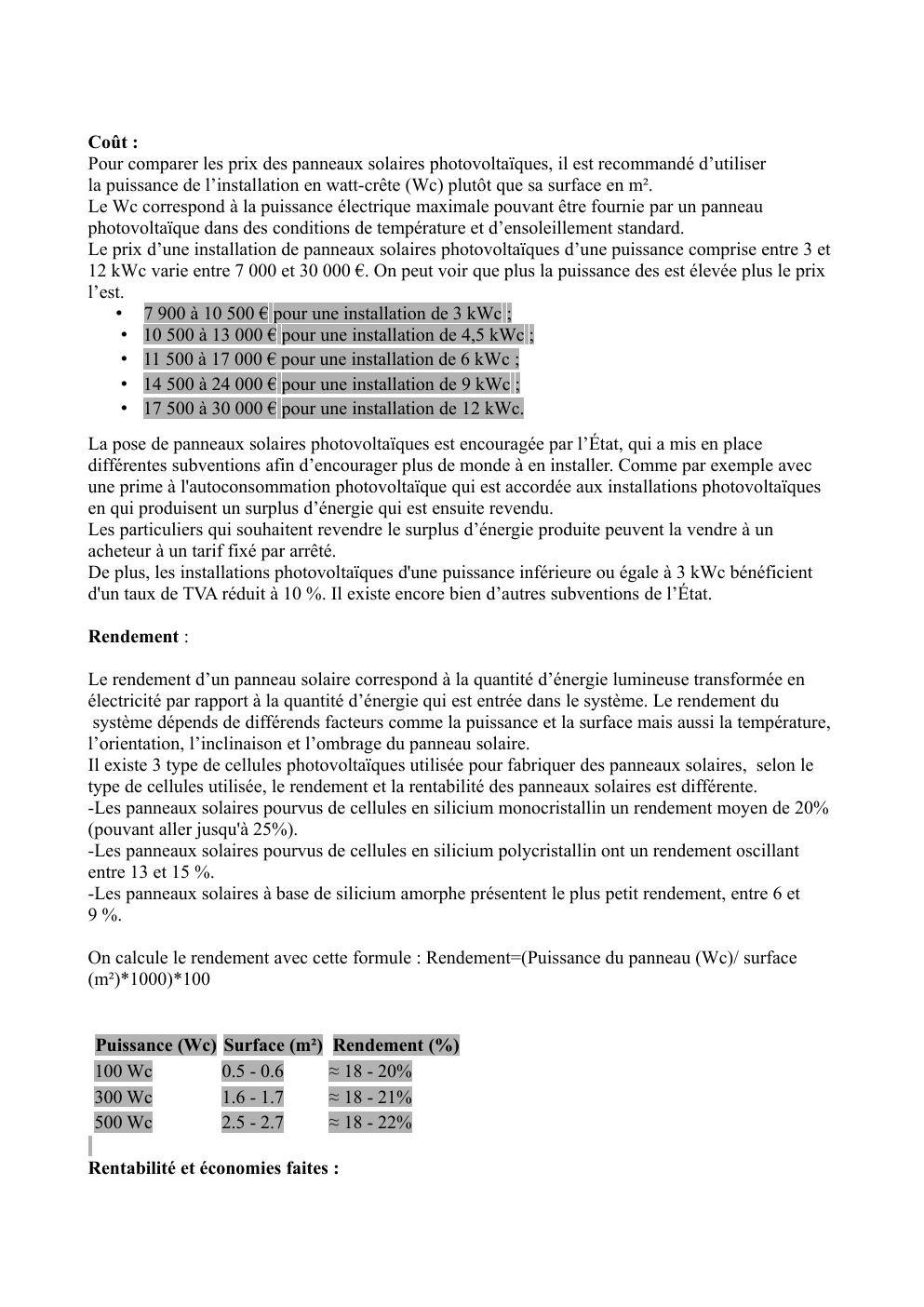 Prévisualisation du document Coût et rendement de panneaux solaires