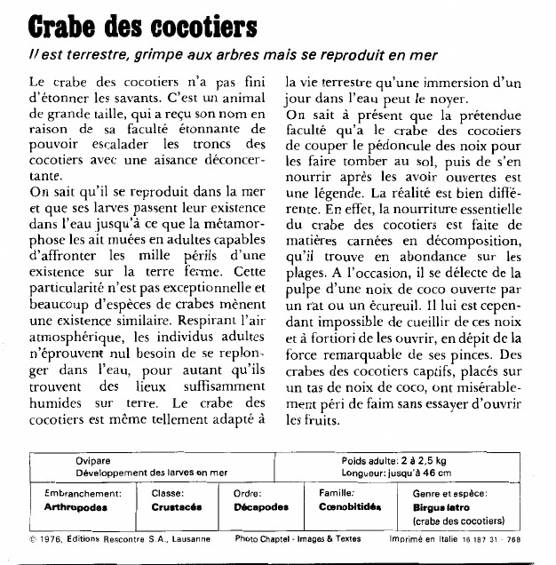 Prévisualisation du document Crabe des cocotiers:Il est terrestre, grimpe aux arbres mais se reproduit en mer.