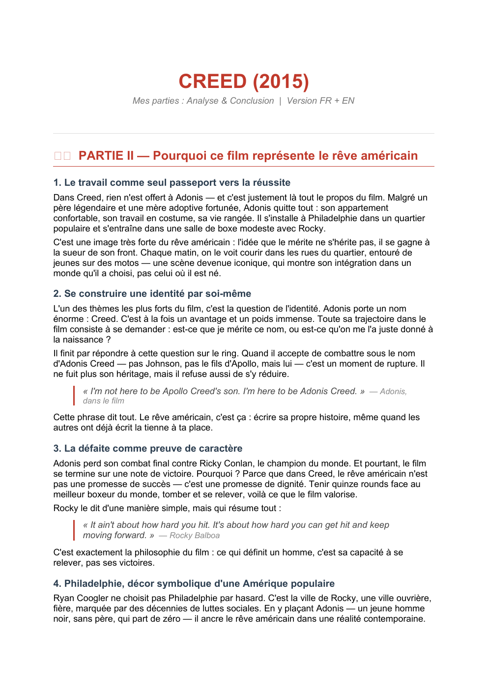 Prévisualisation du document CREED (2015) Mes parties : Analyse & Conclusion | Version FR + EN