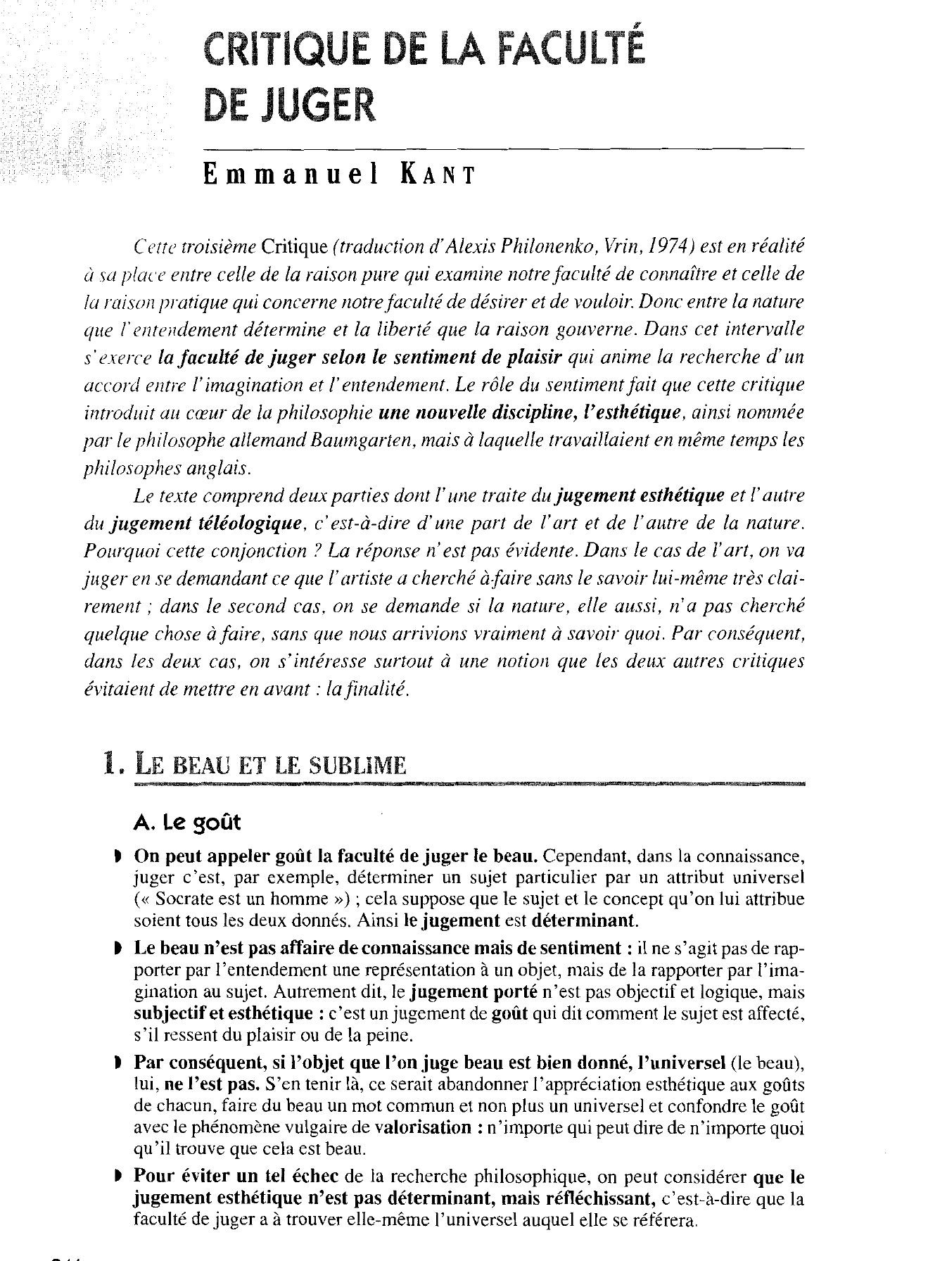Prévisualisation du document CRITIQUE DE LA FACULTÉ DE JUGER ou CRITIQUE DU JUGEMENT, Emmanuel Kant