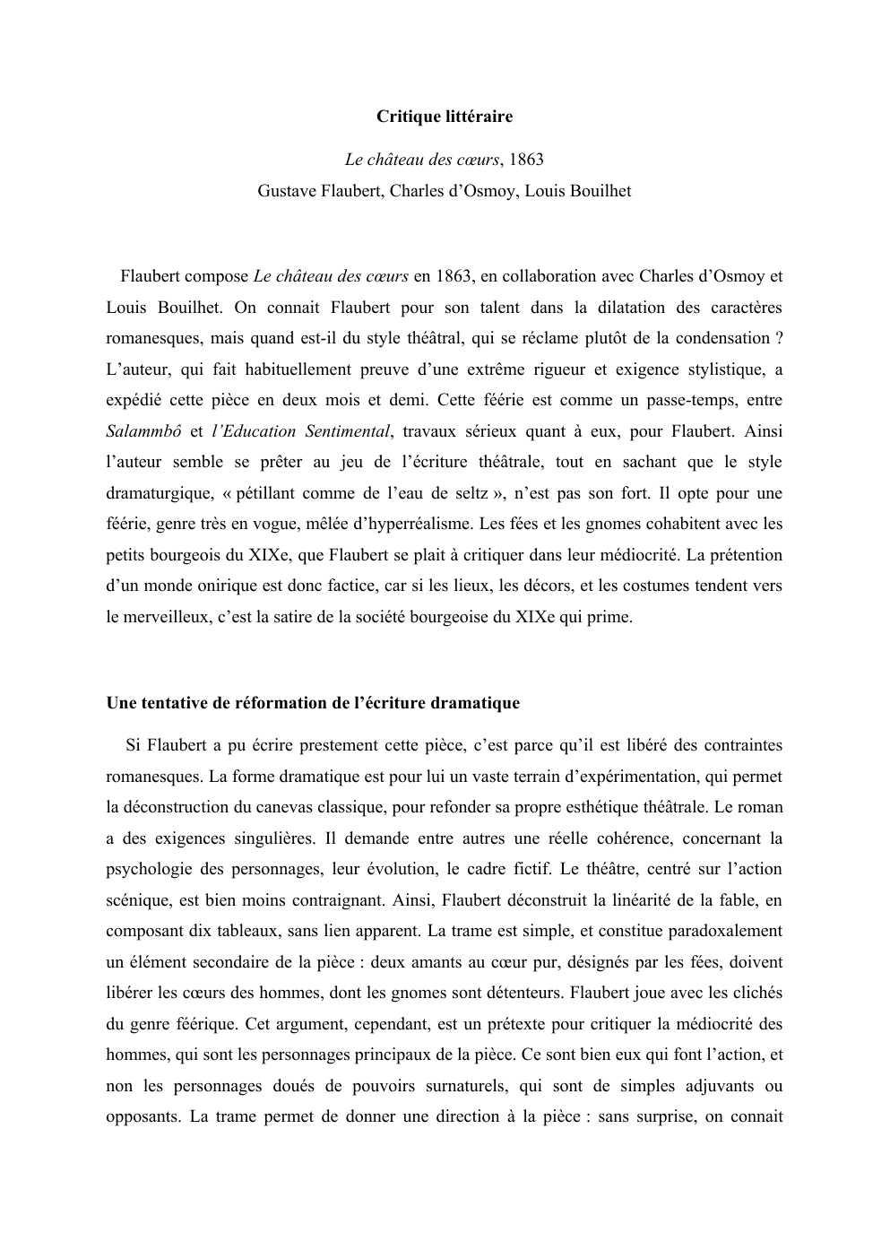 Prévisualisation du document Critique littéraire Le château des cœurs, 1863 Gustave Flaubert, Charles d’Osmoy, Louis Bouilhet