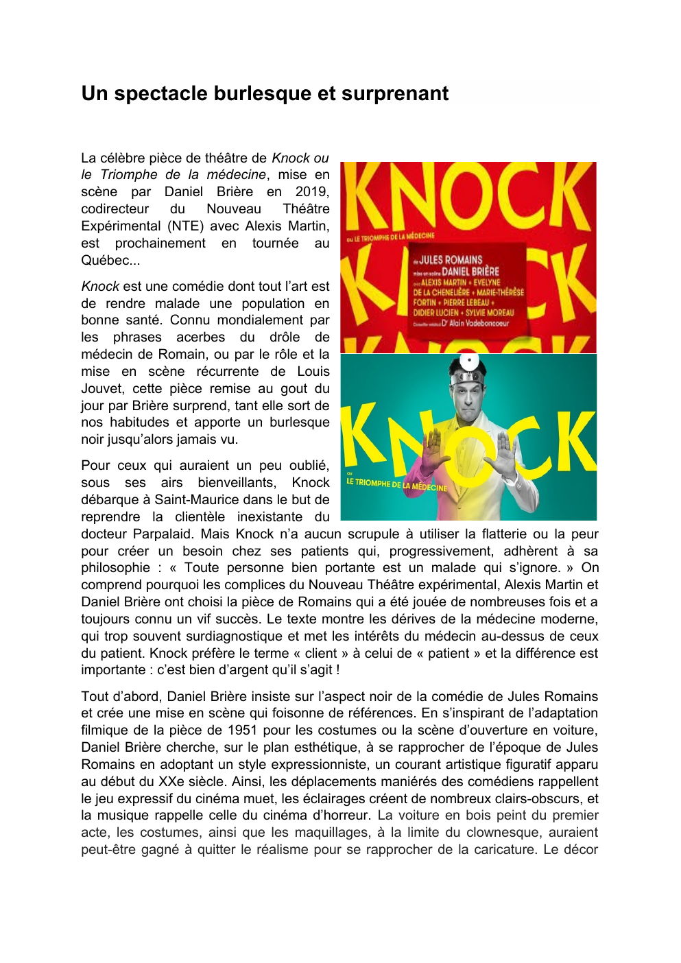 Prévisualisation du document Critique theatrale pièce Knock