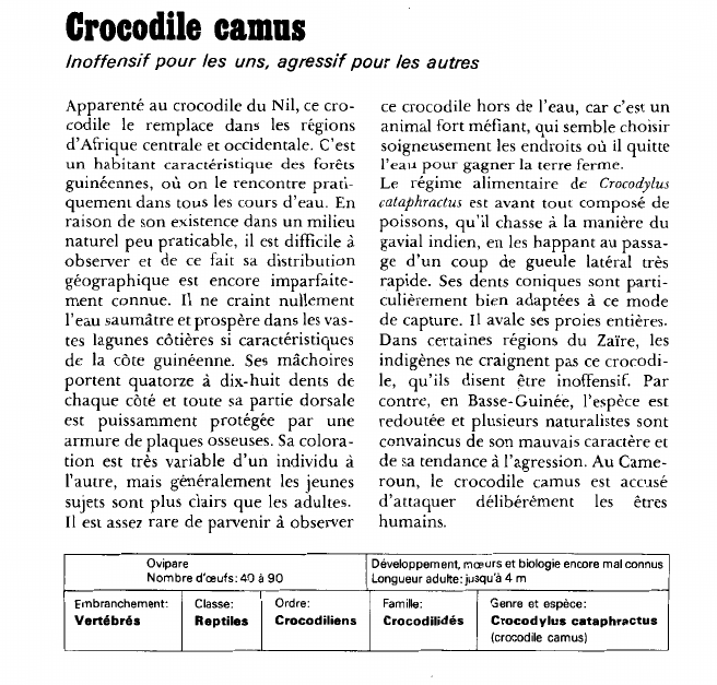 Prévisualisation du document Crocodile camus:Inoffensif pour les uns, agressif pour les autres.