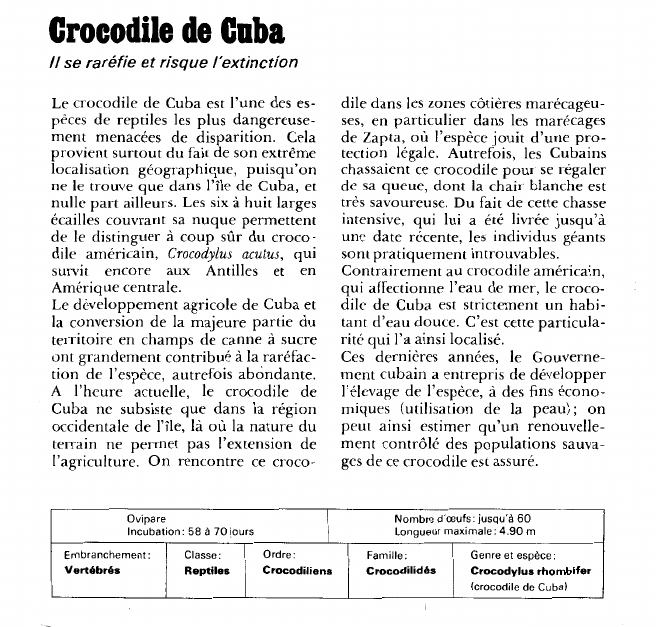 Prévisualisation du document Crocodile de Cuba:Il se raréfie et risque l'extinction.