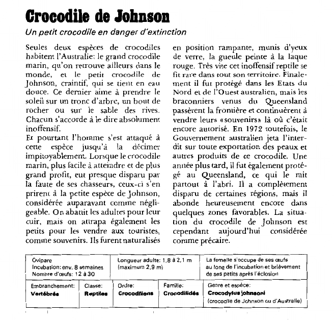 Prévisualisation du document Crocodile de Johnson:Un petit crocodile en danger d'extinction.