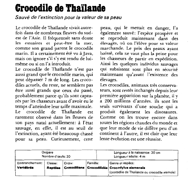 Prévisualisation du document Crocodile de Thaïlande:Sauvé de l'extinction pour la valeur de sa peau.