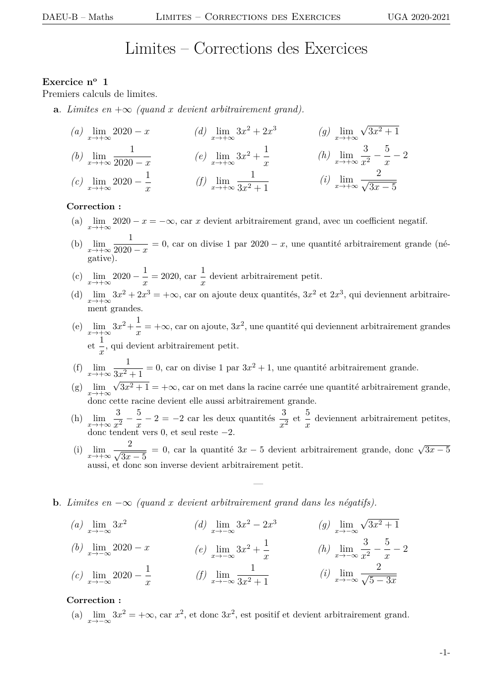 Prévisualisation du document DAEU-B – Maths  UGA 2020-2021  Limites – Corrections des Exercices