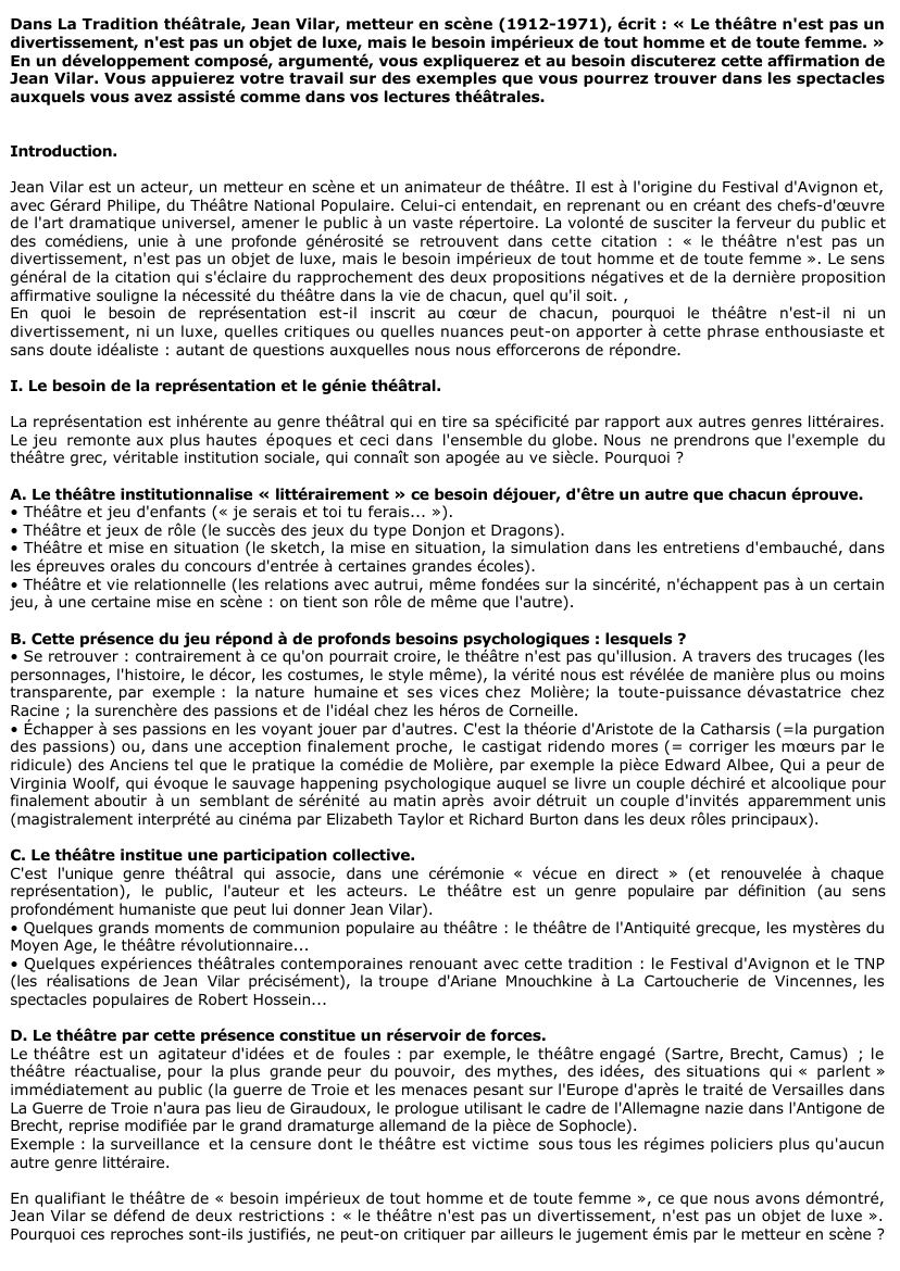 Prévisualisation du document 	Dans La Tradition théâtrale, Jean Vilar, metteur en scène (1912-1971), écrit : « Le théâtre n'est pas un divertissement, n'est pas un objet de luxe, mais le besoin impérieux de tout homme et de toute femme. » En un développement composé, argumenté, vous expliquerez et au besoin discuterez cette affirmation de Jean Vilar. Vous appuierez votre travail sur des exemples que vous pourrez trouver dans les spectacles auxquels vous avez assisté comme dans vos lectures théâtrales.