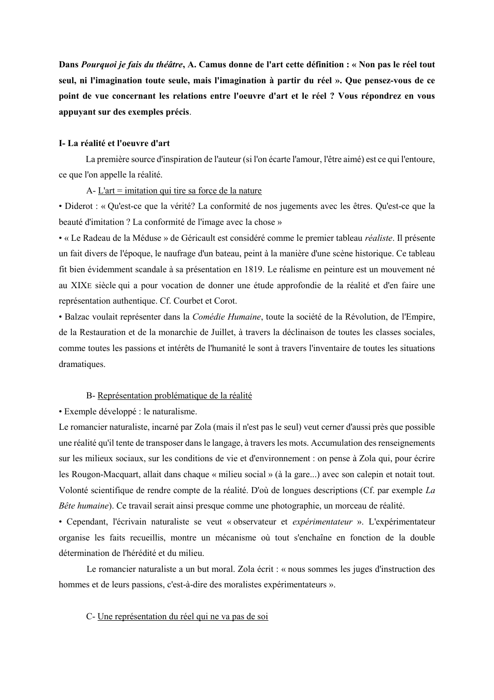 Prévisualisation du document Dans Pourquoi je fais du théâtre, A. Camus donne de l'art cette définition : « Non pas le réel tout...