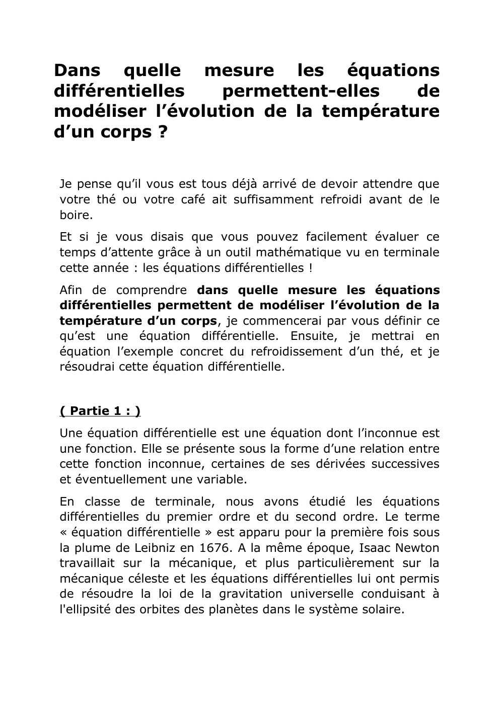 Prévisualisation du document Dans quelle mesure les équations différentielles permettent-elles de modéliser l’évolution de la température d’un corps ?