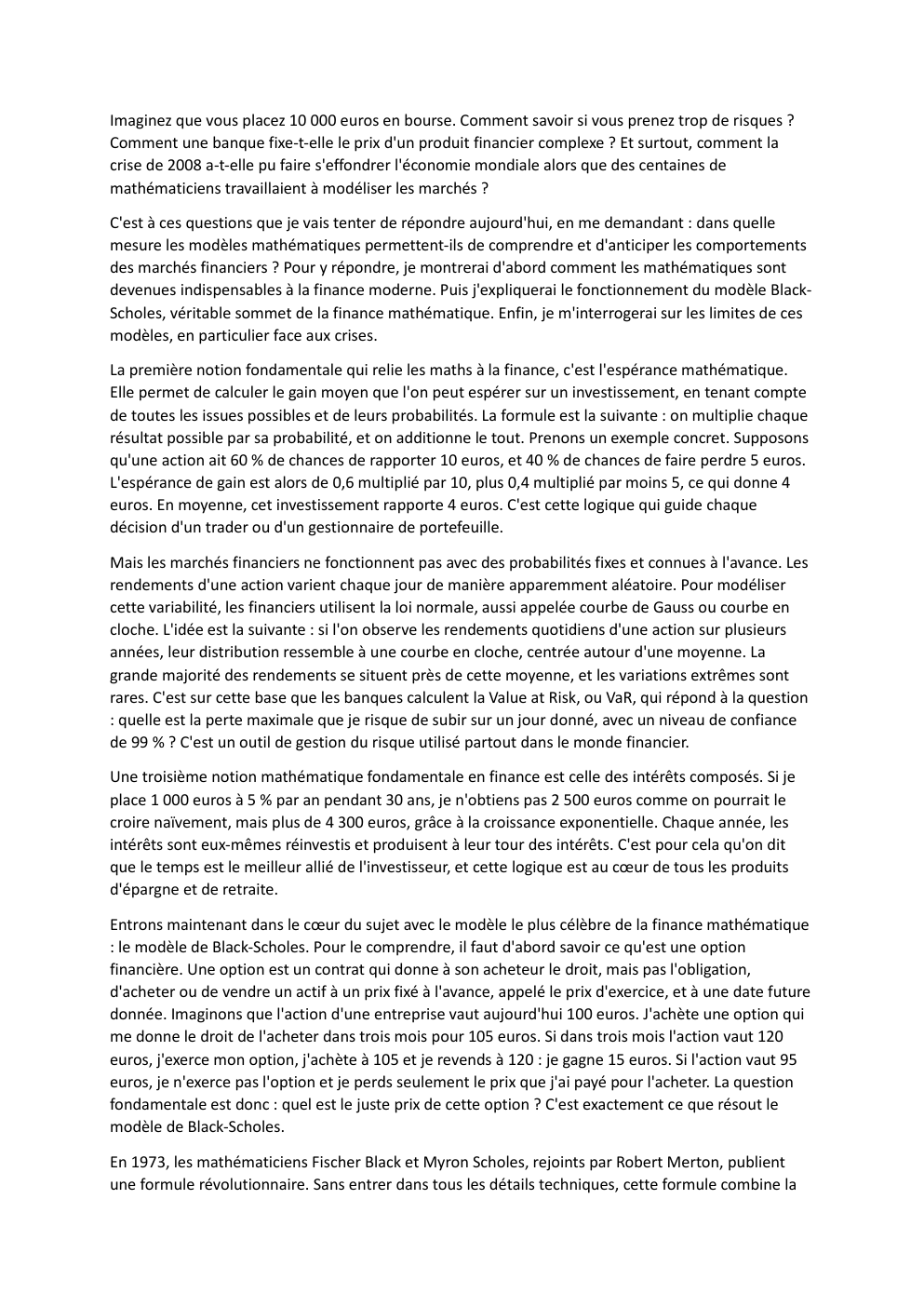 Prévisualisation du document Dans quelle mesure les modèles mathématiques permettent-ils de comprendre et d'anticiper les comportements des marchés financiers ?