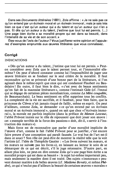 Prévisualisation du document Dans ses Documents littéraires (1881 ), Zola affirme : « Je ne sais pas ce
qu'on entend par un écrivain...