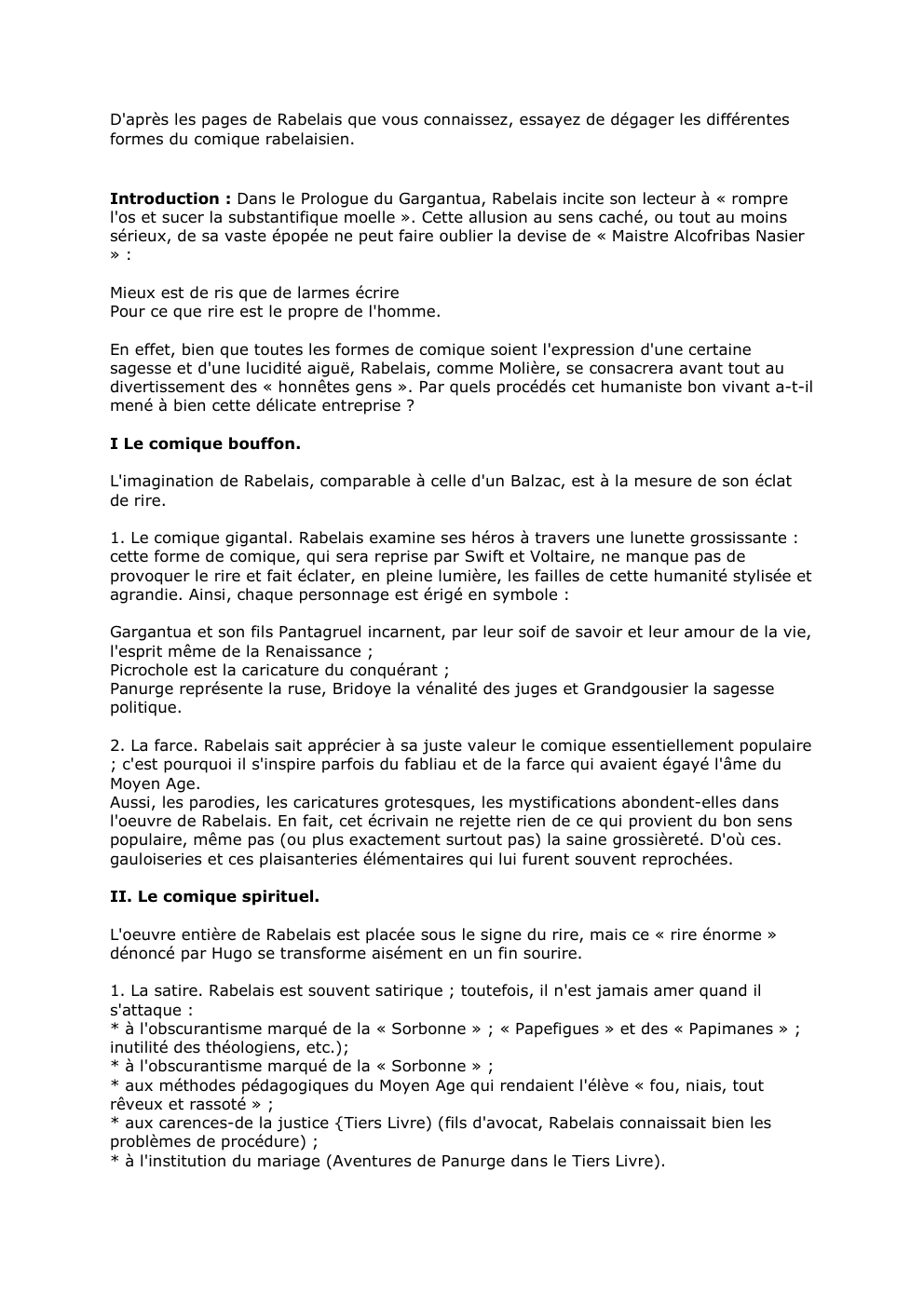 Prévisualisation du document D'après les pages de Rabelais que vous connaissez, essayez de dégager les différentes
formes du comi...