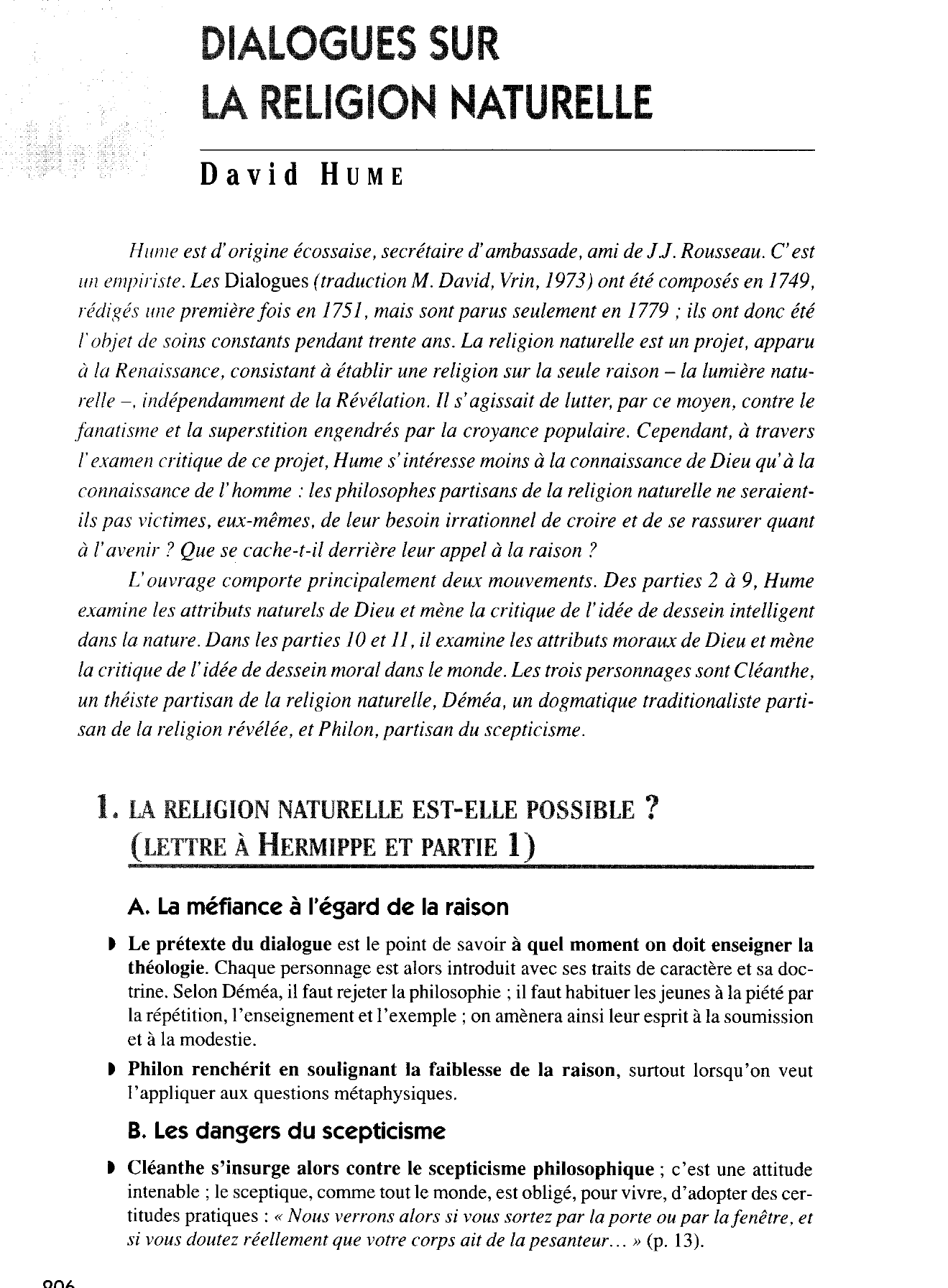 Prévisualisation du document DAVID HUME : DIALOGUE SUR LA RELIGION NATURELLE (Résumé & Analyse)