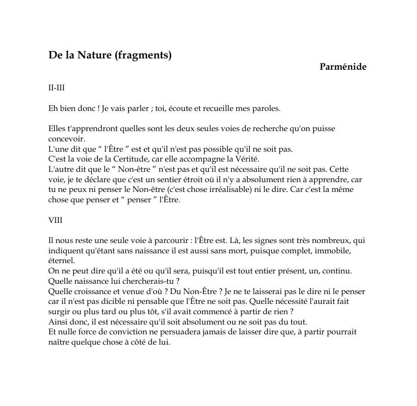 Prévisualisation du document De la Nature (fragments)ParménideII-IIIEh bien donc !