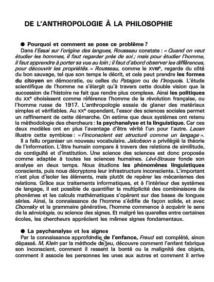 Prévisualisation du document DE L'ANTHROPOLOGIE À LA PHILOSOPHIE (fiche bac)