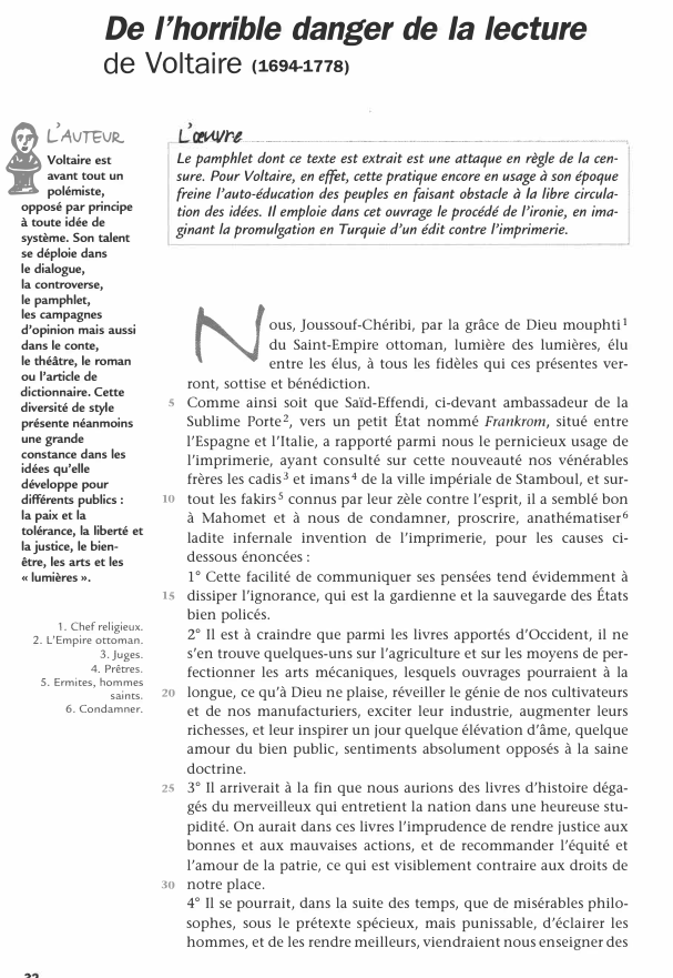 Prévisualisation du document De l'horrible danger de la lecture de Voltaire - Analyse de texte