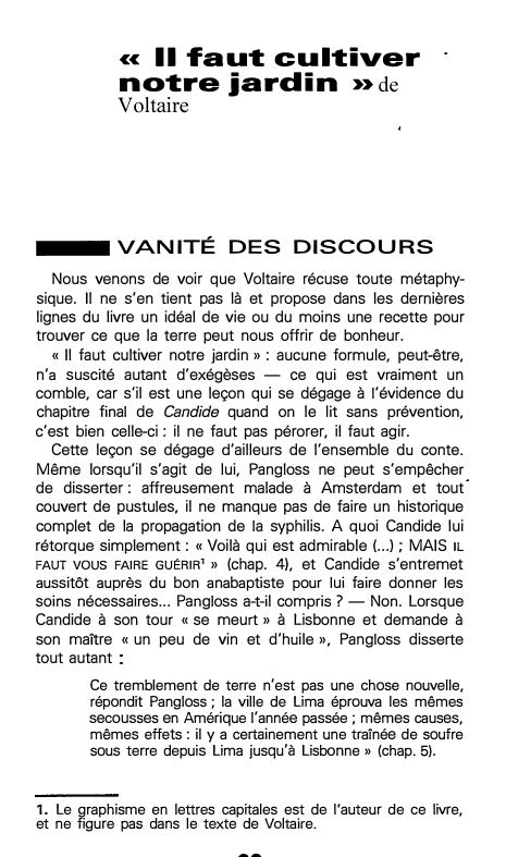 Prévisualisation du document > de
Voltaire

VANITÉ DES DISCOURS
Nous venons de voir que Voltaire récuse toute métaphy­
sique. Il ne s'en tient...