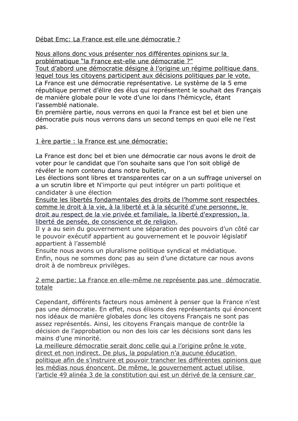 Prévisualisation du document Débat Emc: La France est elle une démocratie ?