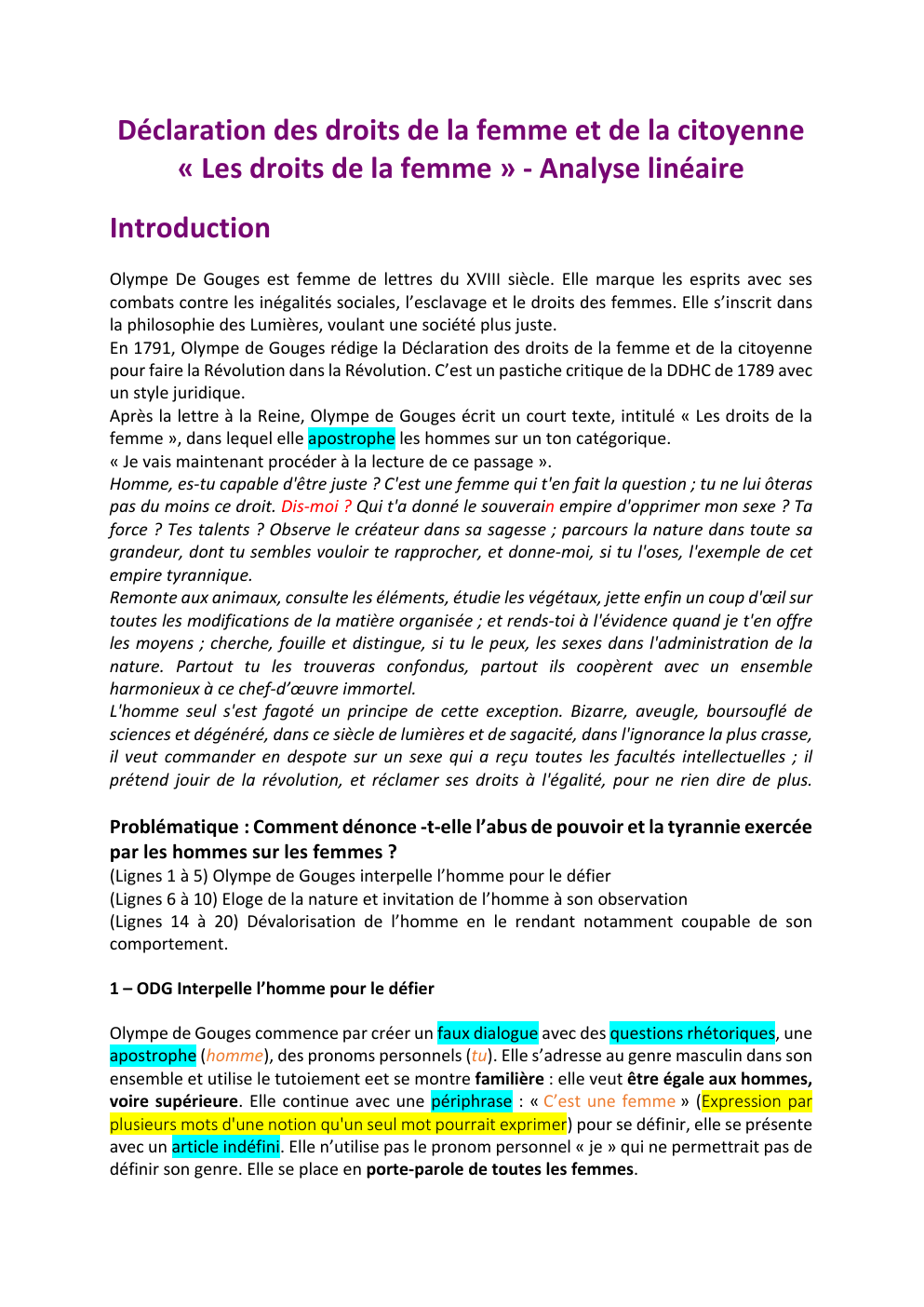 Prévisualisation du document Déclaration des droits de la femme et de la citoyenne « Les droits de la femme » - Analyse linéaire Introduction