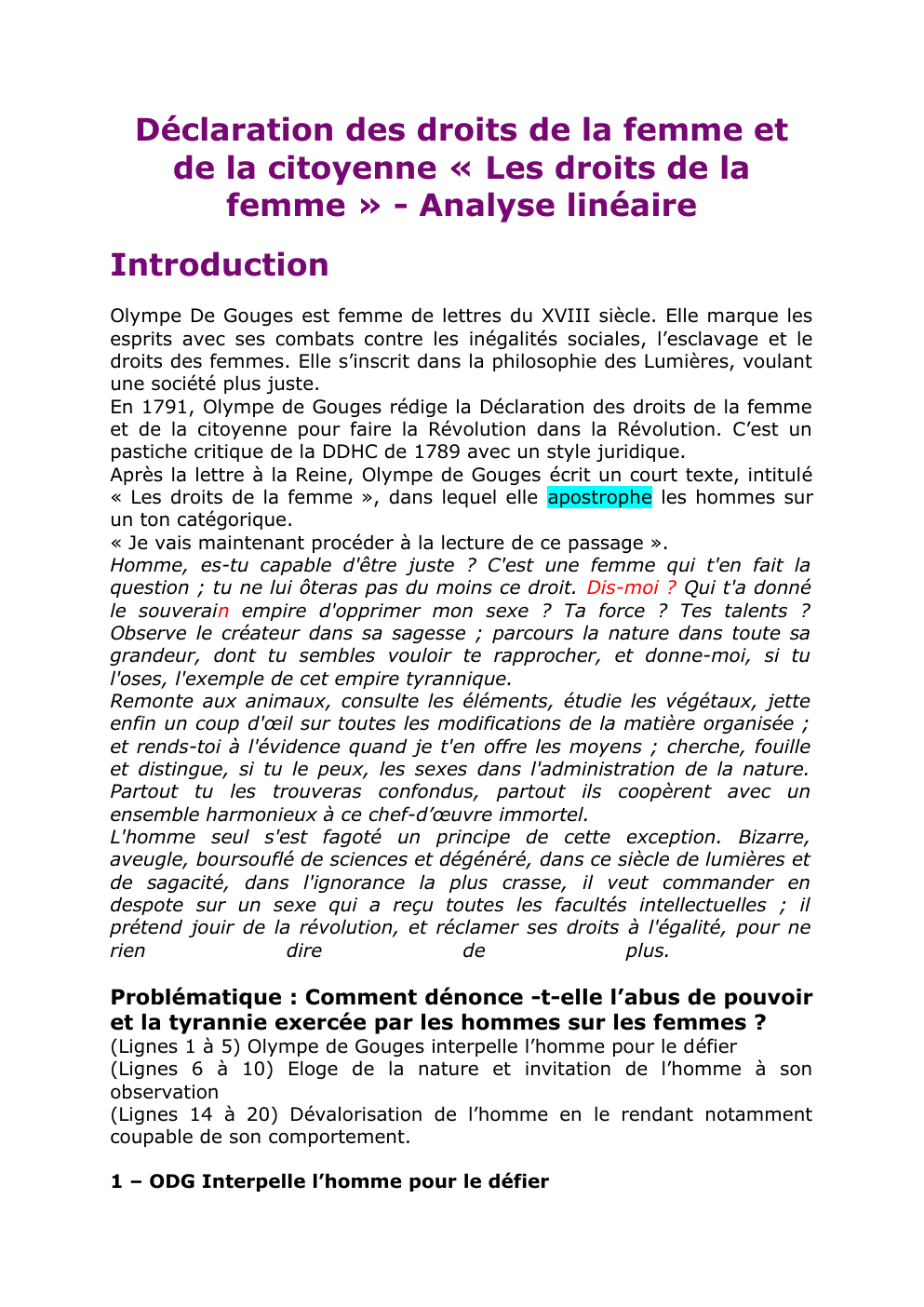 Prévisualisation du document Déclaration des droits de la femme et de la citoyenne « Les droits de la femme » - Analyse linéaire